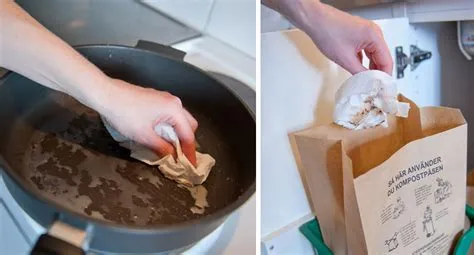 Vänstra delen visar en hand som torkar ur fett ur en stekpanna med papper och den högra delen visar en hand som slänger det pappret i en matavfallspåse.
